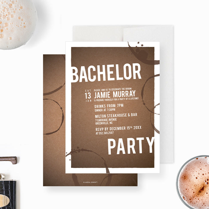 Modern bachelor party invitation with brown beer ring design-front-back