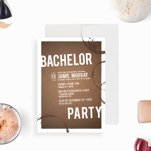 Modern bachelor party invitation with brown beer ring design-front