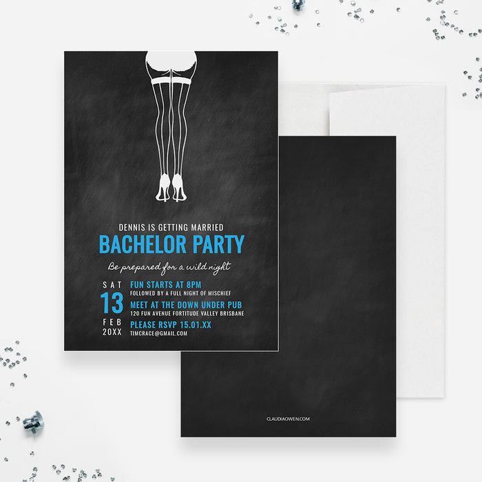 Bachelor party invitation with stylized legs shown with its matching dark chalkboard back.
