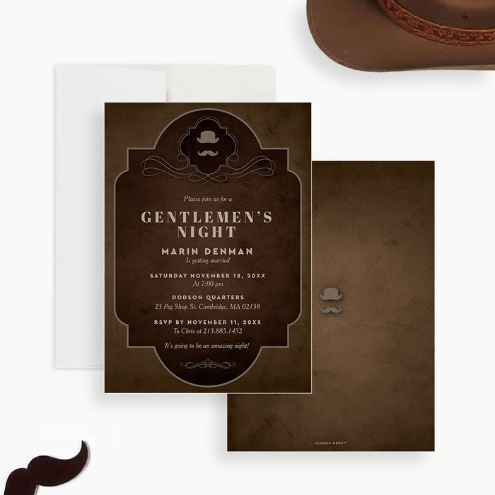 Dark brown invitation card featuring a mustache and top hat design, perfect for gentlemen’s bachelor party celebrations.-front-back