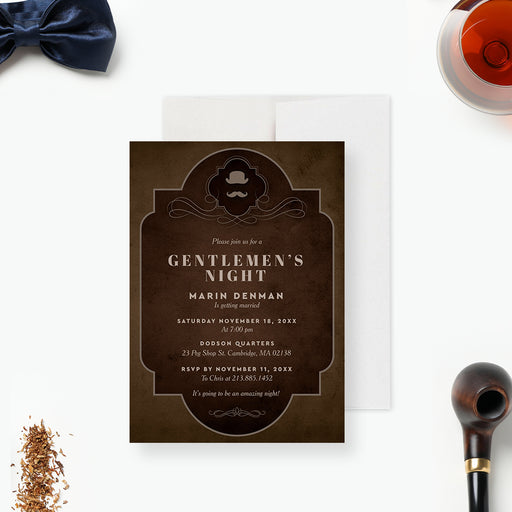 Dark brown invitation card featuring a mustache and top hat design, perfect for gentlemen’s bachelor party celebrations.-front