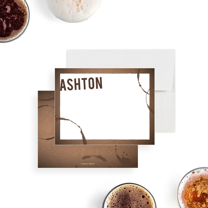 Custom note card featuring a drink ring design, personalized for bachelor or men’s party stationery.-front-back