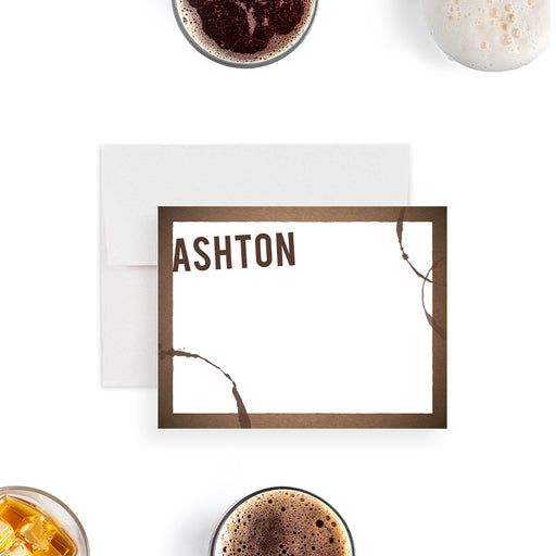 Custom note card featuring a drink ring design, personalized for bachelor or men’s party stationery.-front