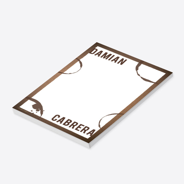 Personalized notepad with a brown drink-ring border and custom name design, ideal for bachelor party favors and men’s stationery gifts.-side