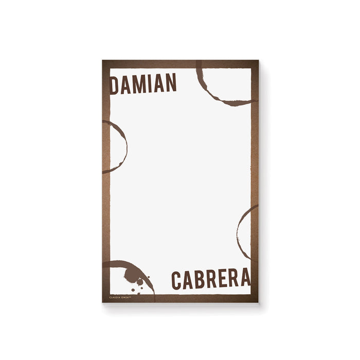 Personalized notepad with a brown drink-ring border and custom name design, ideal for bachelor party favors and men’s stationery gifts.