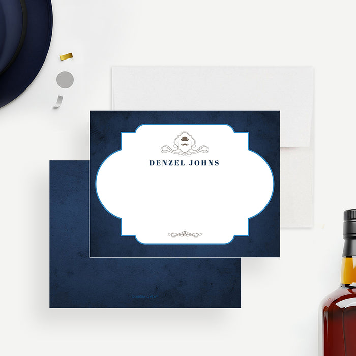 vintage gentleman personalized thank you card with top hat and mustache masculine stationery design for men-front-back