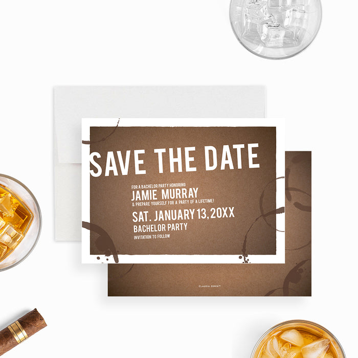 Rustic save the date card for a bachelor party featuring a brown drink ring design, customizable with the groom’s event details.-front-back
