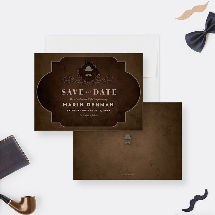 Rustic vintage save the date card with a dark brown background, featuring mustache and top hat designs for bachelor or men’s night parties.-front-back