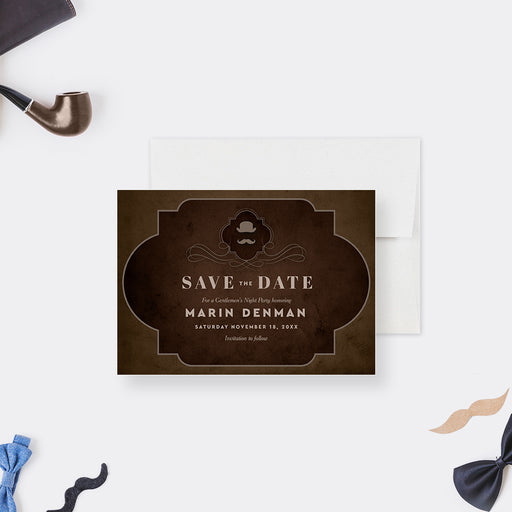 Rustic vintage save the date card with a dark brown background, featuring mustache and top hat designs for bachelor or men’s night parties.-front