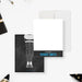 Personalized bachelor party note cards with a white writing front, blue name lettering and stocking clad legs illustrated on a black chalkboard reverse.