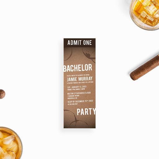 Bachelor party ticket invitation with a rustic brown background and drink ring design, customizable for men’s celebrations.