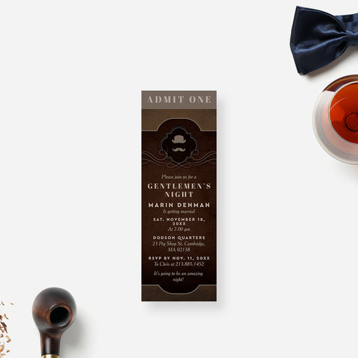 Dark brown ticket-style invitation featuring a vintage mustache and top hat design, custom entry ticket for a bachelor’s party.