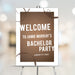 Rustic brown bachelor party welcome sign with a drink ring design, ideal for party entrance décor or photo backdrops.