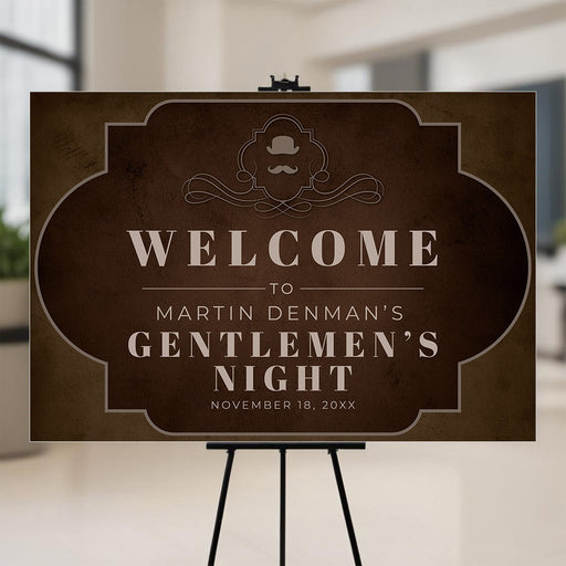 Dark brown bachelor party welcome sign featuring a vintage mustache and top-hat design, creating a bold, masculine entrance.