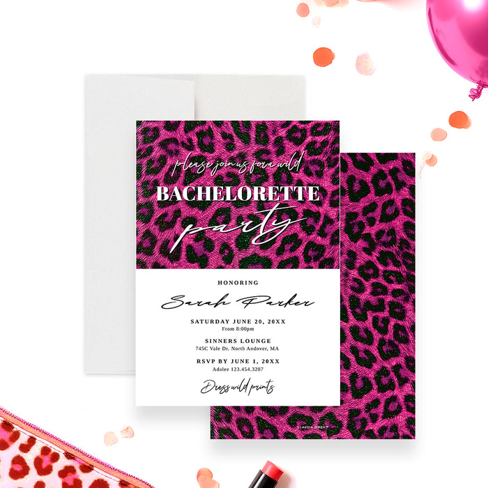 Bachelorette party invitation featuring a hot pink and black leopard-print design-front-back
