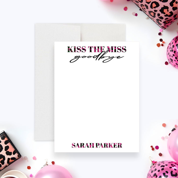 Bachelorette personalized “Kiss the Miss Goodbye” note card with pink leopard print design-front