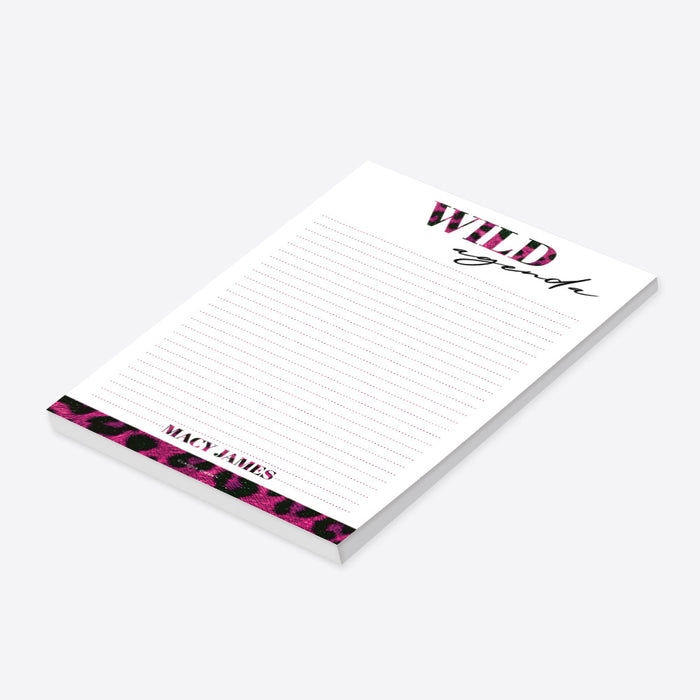 “Wild Agenda” personalized notepad with a pink leopard-print design, customized with a name-side