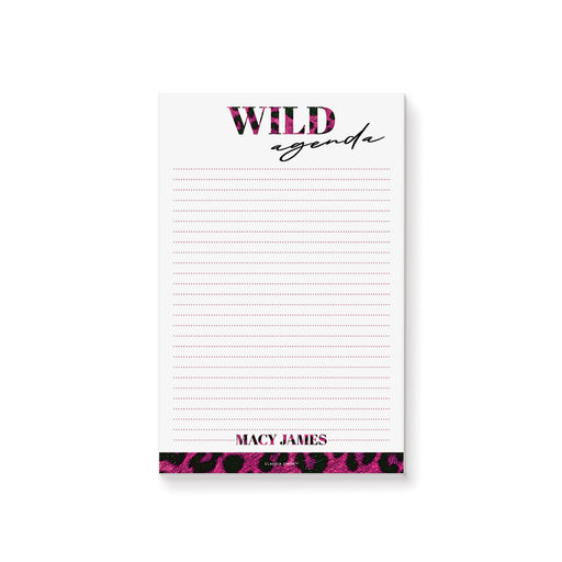 “Wild Agenda” personalized notepad with a pink leopard-print design, customized with a name