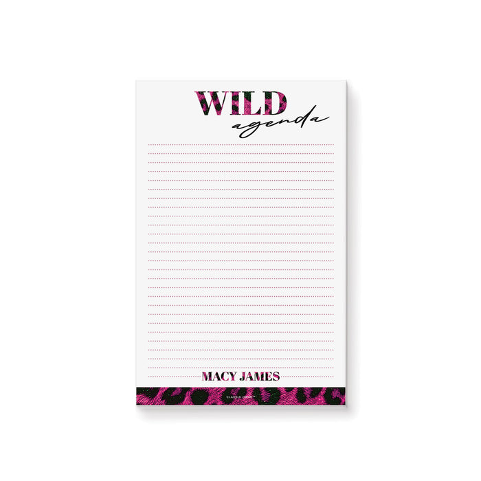 “Wild Agenda” personalized notepad with a pink leopard-print design, customized with a name