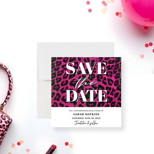Pink leopard print save the date card for bachelorette party celebrations-front