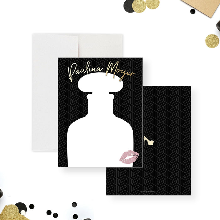 Personalized black and gold note card featuring a perfume bottle design and kiss mark for bridal shower or bachelorette party-front-back