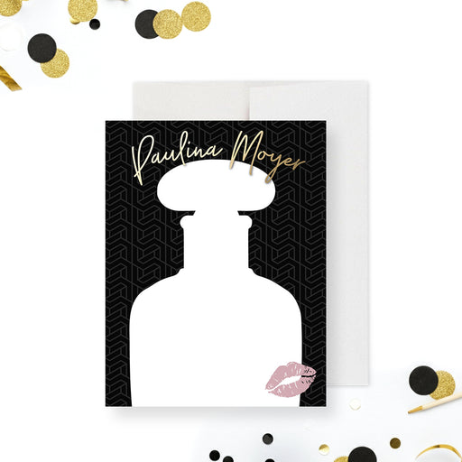 Personalized black and gold note card featuring a perfume bottle design and kiss mark for bridal shower or bachelorette party-front