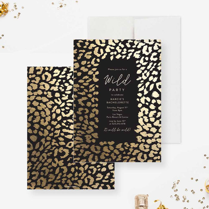 Black and gold leopard print personalized bachelorette wild party invitation-front-back