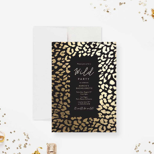 Black and gold leopard print personalized bachelorette wild party invitation-front