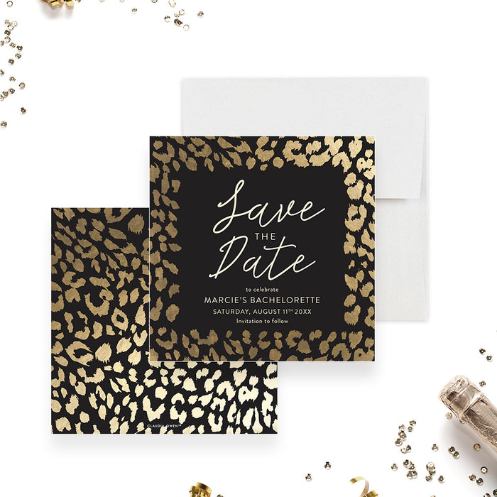 Bachelorette save the date card with leopard print design for bride-to-be celebrations-front-back