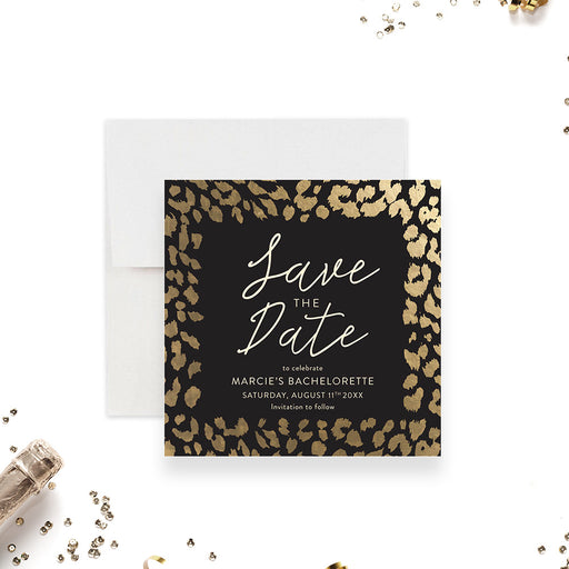 Bachelorette save the date card with leopard print design for bride-to-be celebrations-front