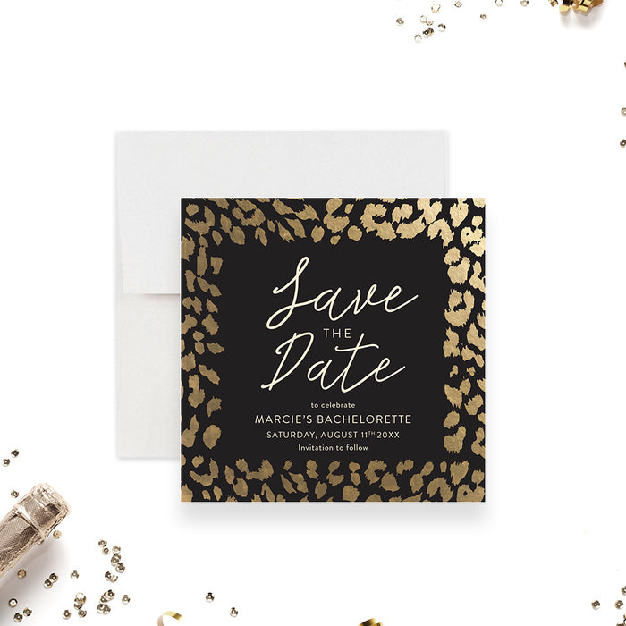 Bachelorette save the date card with leopard print design for bride-to-be celebrations-front