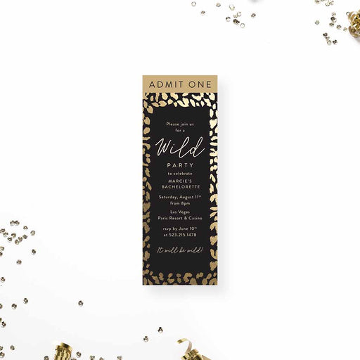 Bachelorette party ticket invitation with gold leopard print design