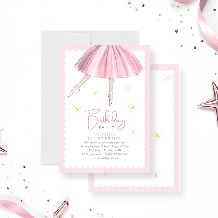 Birthday invitation with a ballerina in a pink tutu illustration, ideal for a ballet-themed party celebration.-front-back