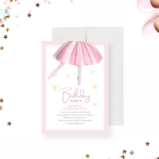 Birthday invitation with a ballerina in a pink tutu illustration, ideal for a ballet-themed party celebration.-front