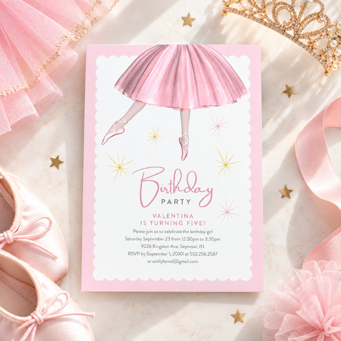 Birthday invitation with a ballerina in a pink tutu illustration, ideal for a ballet-themed party celebration.-front