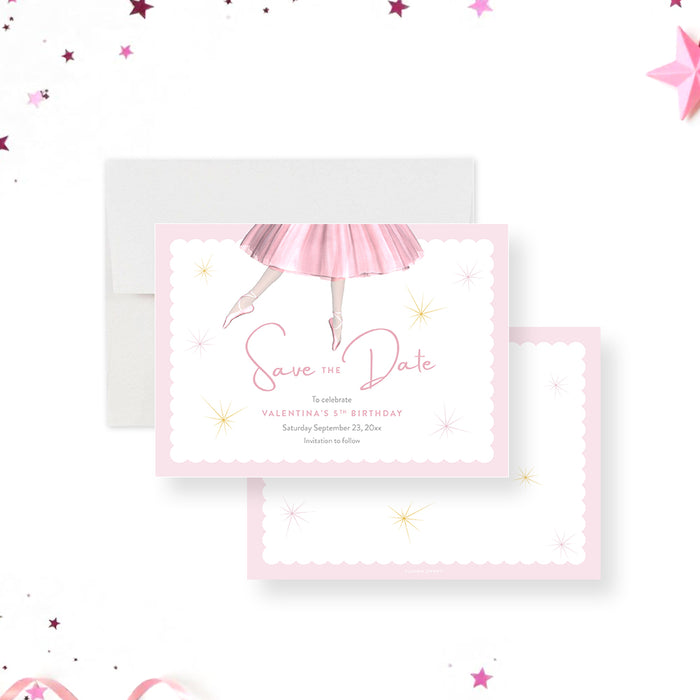 Pink ballet save-the-date card with a ballerina illustration for kids’ birthday or tutu party celebrations.-front-back