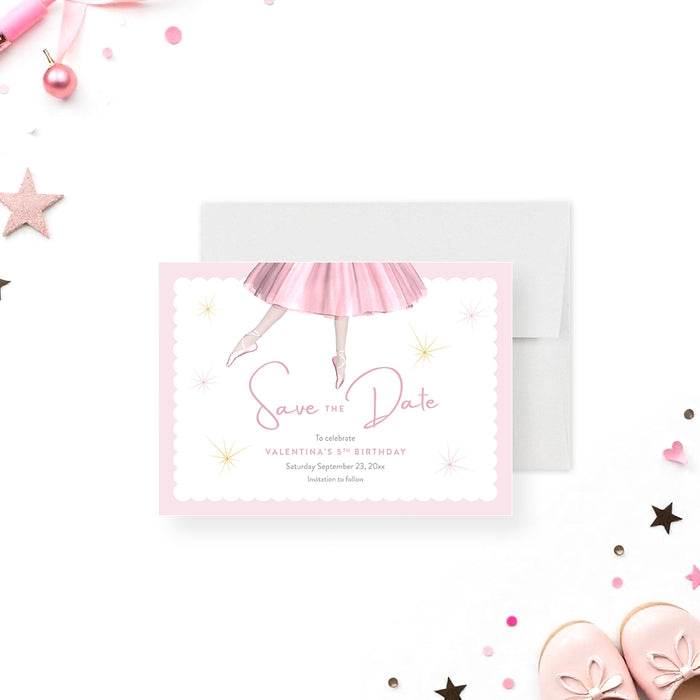 Pink ballet save-the-date card with a ballerina illustration for kids’ birthday or tutu party celebrations.-front