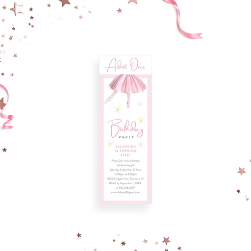 Birthday ticket invitation featuring a ballerina in a pink tutu, with an admit-one ticket design for kids’ ballet-themed celebrations.