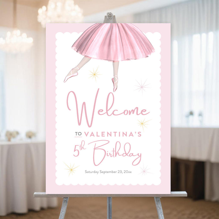 Birthday welcome sign with a ballerina in a pink tutu illustration, perfect for a ballet-themed party entrance or event decoration.