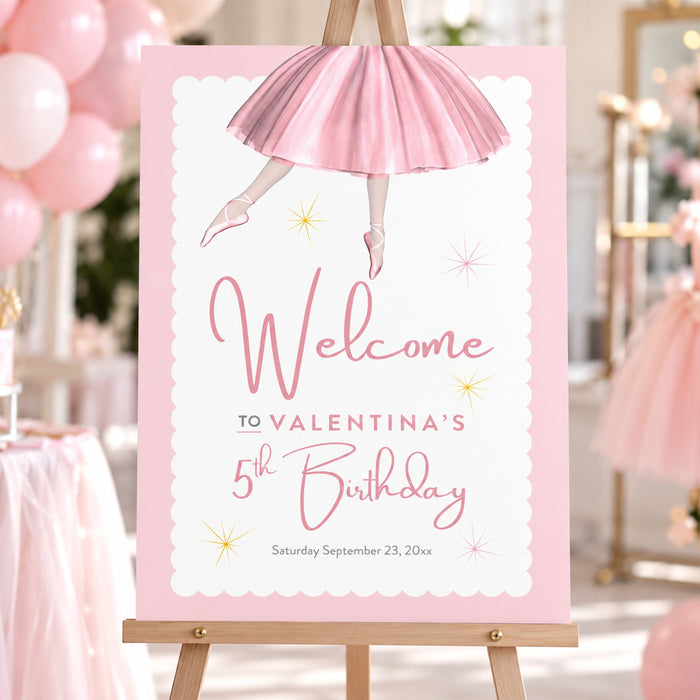 Birthday welcome sign with a ballerina in a pink tutu illustration, perfect for a ballet-themed party entrance or event decoration.