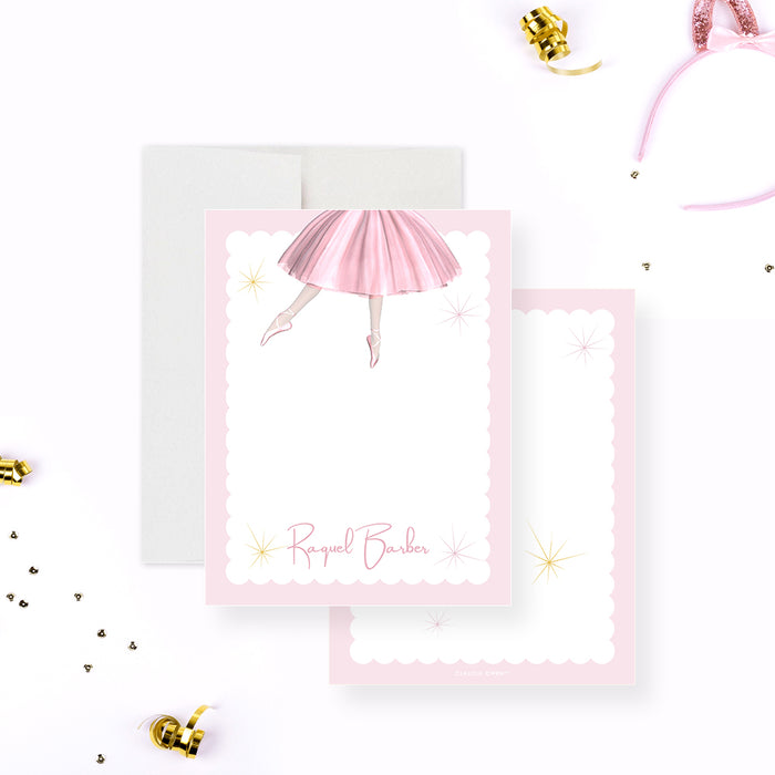 Personalized note card with a ballerina in a pink tutu design for kids' or girls' stationery.-front-back