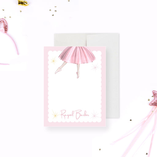 Personalized note card with a ballerina in a pink tutu design for kids' or girls' stationery.-front