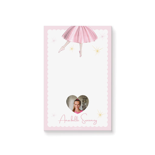 Personalized ballerina notepad with a pink tutu dancer illustration and heart-shaped photo area, perfect as custom stationery for ballet-themed birthdays.