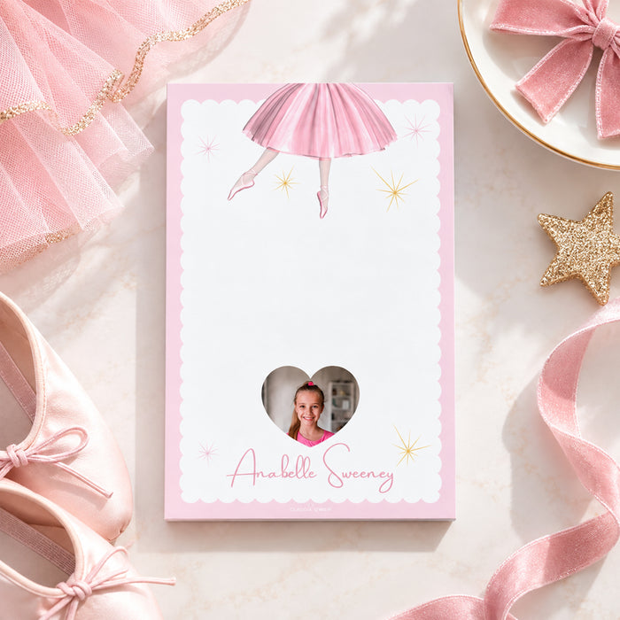 Personalized ballerina notepad with a pink tutu dancer illustration and heart-shaped photo area, perfect as custom stationery for ballet-themed birthdays.