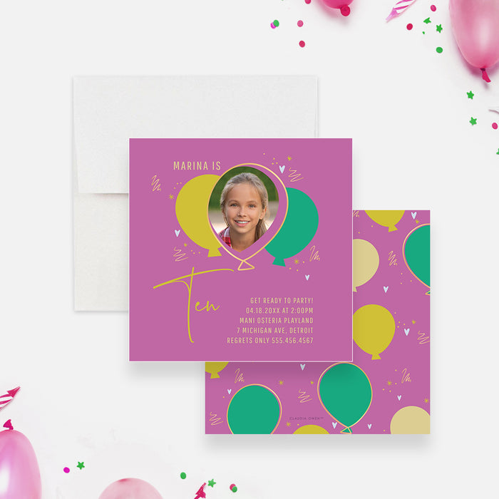 Balloon Themed Birthday Invitation with Photo, Bright and Playful 6th 7th 8th 9th 10th Kids Birthday Party Invite