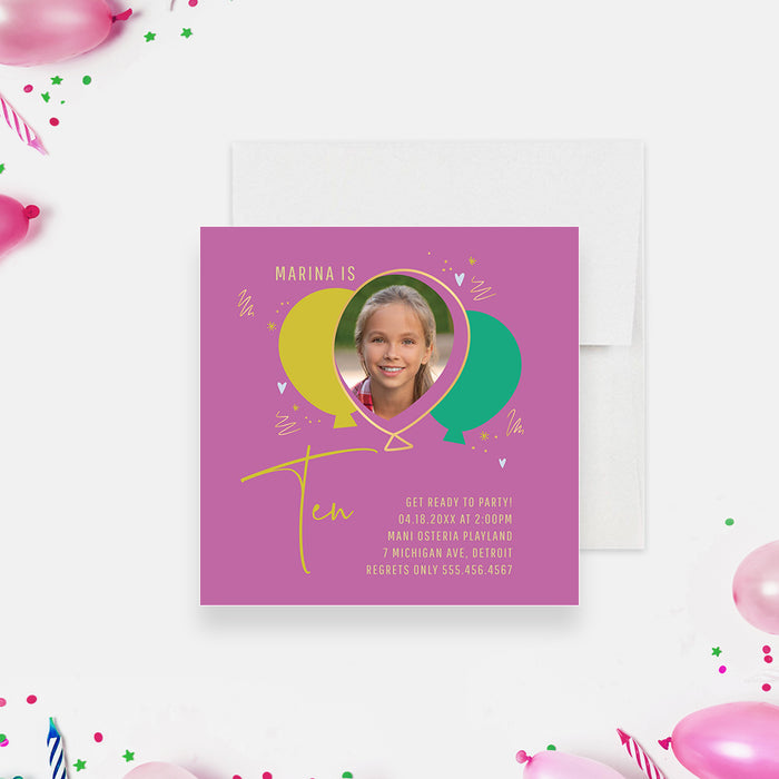 Balloon Themed Birthday Invitation with Photo, Bright and Playful 6th 7th 8th 9th 10th Kids Birthday Party Invite