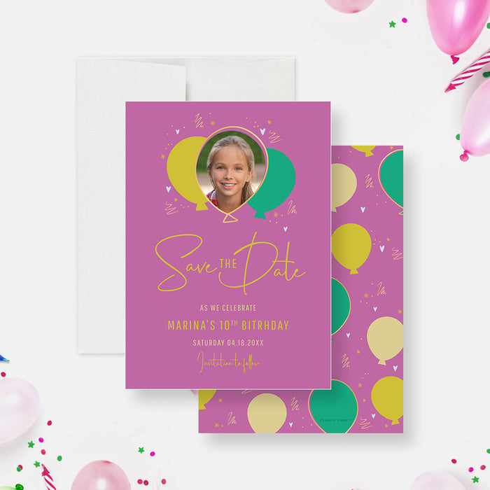 Balloon Birthday Photo Save the Date Card for Kids, Cute Save the Date Invitation for 6th 7th 8th 9th 10th Birthday