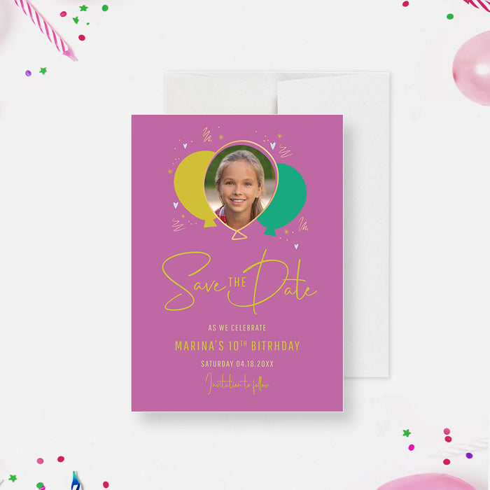 Balloon Birthday Photo Save the Date Card for Kids, Cute Save the Date Invitation for 6th 7th 8th 9th 10th Birthday