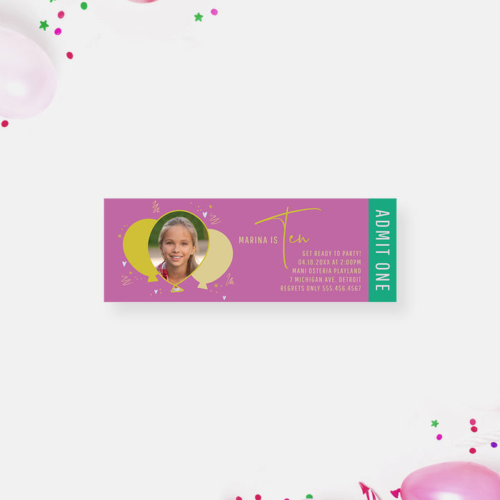 Fun Birthday Party Ticket Invitation with Photo and Balloons, 6th 7th 8th 9th 10th Ticket Style Invitation for Kids Parties