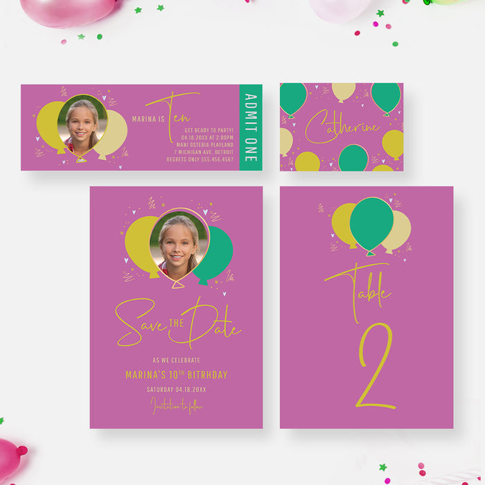 Balloon Themed Birthday Invitation with Photo, Bright and Playful 6th 7th 8th 9th 10th Kids Birthday Party Invite